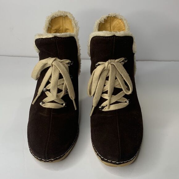 Bettye Muller brown suede fur trim lace-up wedge ankle booties - Picture 2 of 10